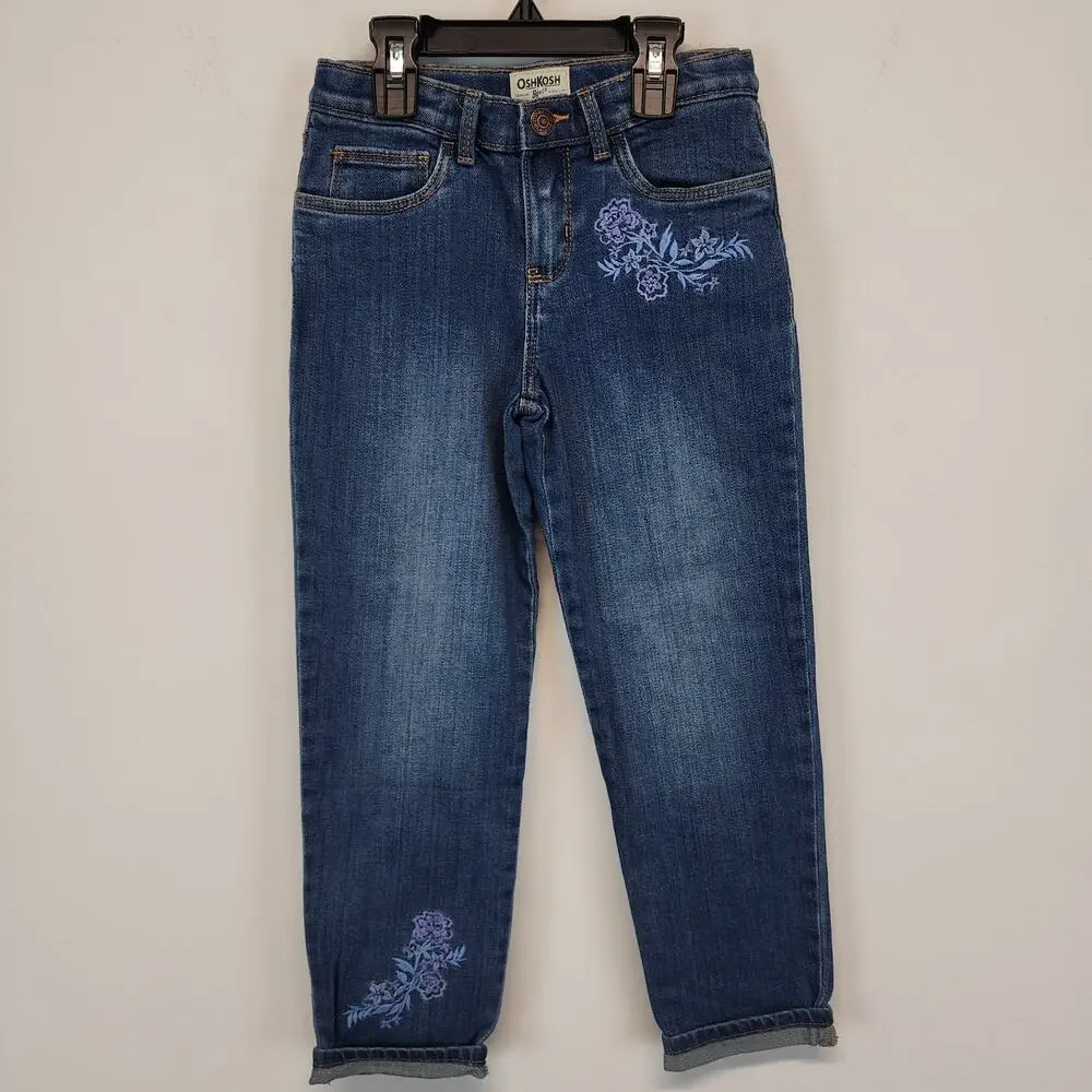 OshKosh Girls Jeans Size 7 Blue Medium Wash Floral Embroidered Distressed Casual